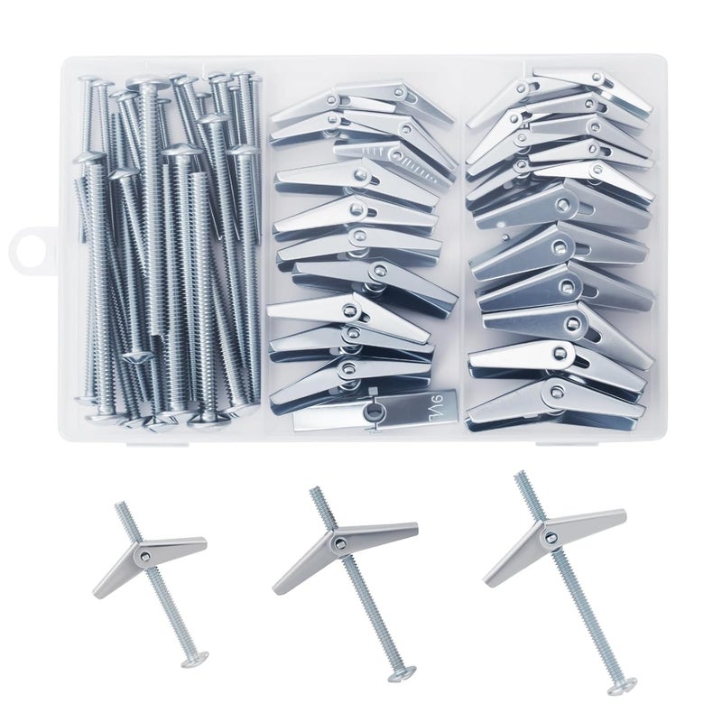 MadYiboshi 28PCS Toggle Bolts, Wing Nuts, Heavy Duty Hollow Wall Anchors for Drywall Ceiling, 3 Sizes Butterfly Anchors (1/4" 3/16" 1/8") for Hang Shelves, Heavy Fixtures, Metal Drywall Anchor and Screws Kit - Image 1